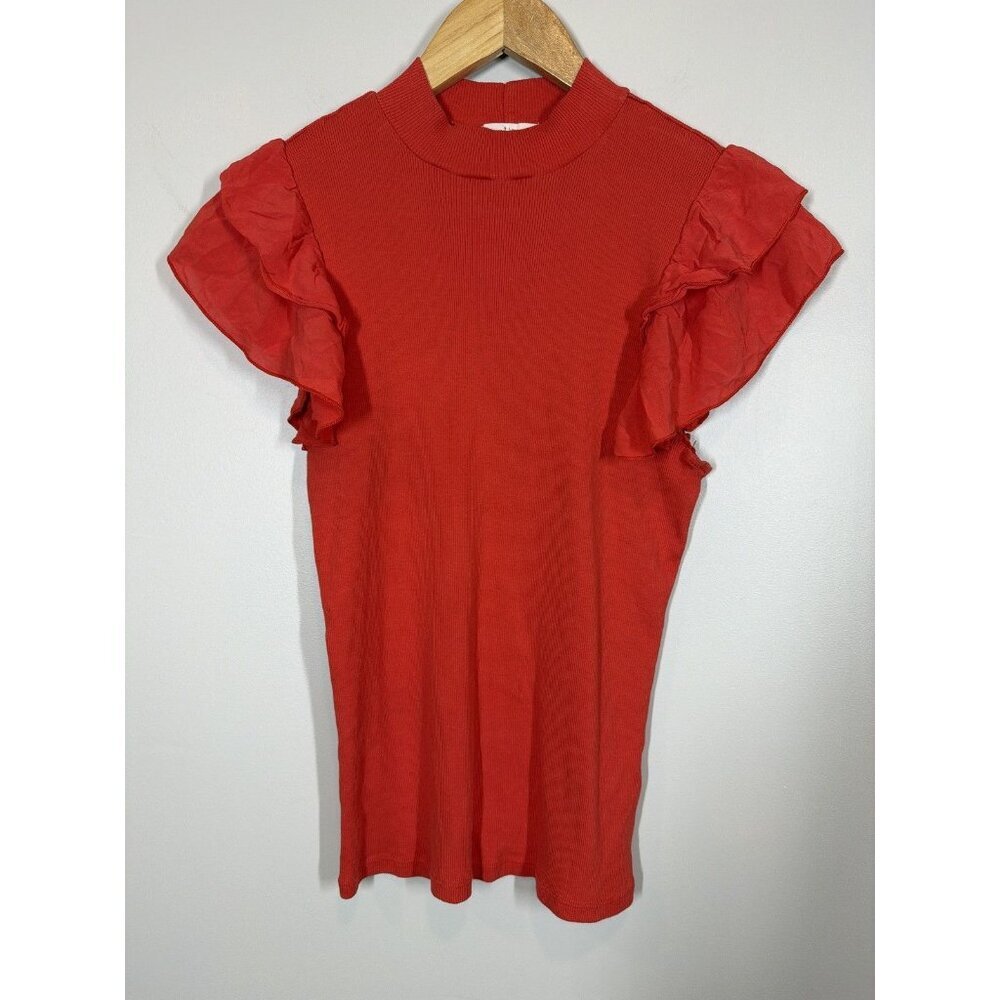 Anthropologie T.la Red Fitted Blouse‎ Ribbed Size M Ruffled Sleeves Casual